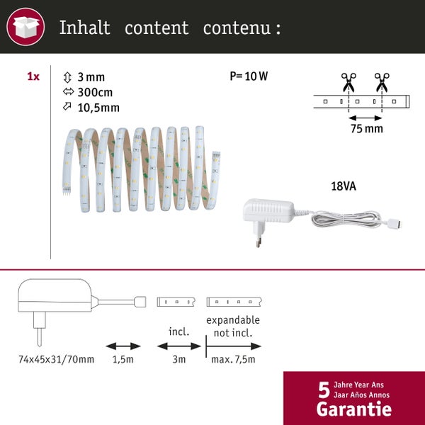 Inhalt LED-Streifen-Set: 300 Zentimeter LED-Band, Netzteil, 1,5 Meter Kabel. 10 Watt, 18 Voltampere, kürzbar alle 75 Millimeter, 5 Jahre Garantie.