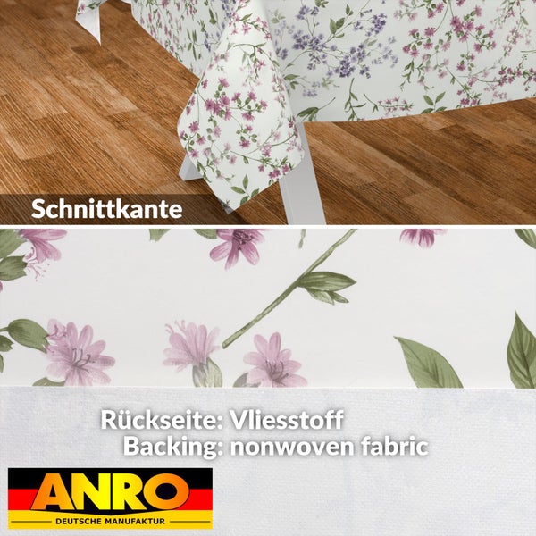 Wachstischtuch mit Blumenmuster, Schnittkante, Rückseite aus Vliesstoff und ANRO Logo.