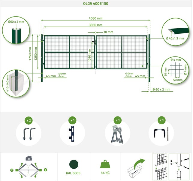 OLGA Pack  Breite 406 x Höhe 131 cm  Mesh-Schwingtor + 1 m GRÜNES Tor