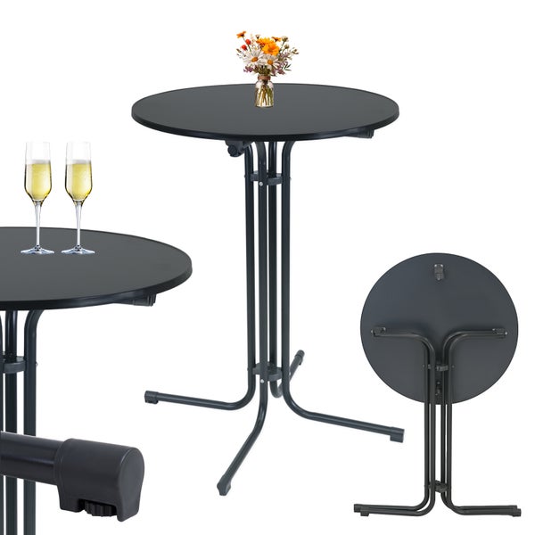 Klappbarer Stehtisch mit runder Tischplatte und robustem Metallgestell für Garten und Events.
