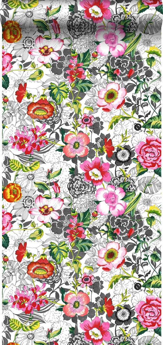 ESTAhome XXL-Vliestapete funky Blumen Rosa, Rot, Grün, Schwarz und Weiß - 50 x 900 cm - 158501