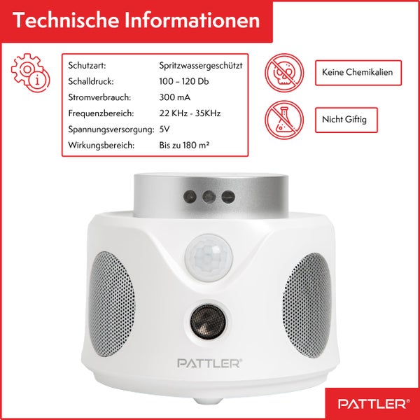 PATTLER® - 360° Ultraschall Mäuseabwehr - Effektiv Mäuse vertreiben mit Ultraschallwellen - optimiert für die Abwehr von Mäusen und Ratten