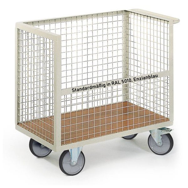 Rollwagen aus Metall mit Gitterwänden und Holzplatte
