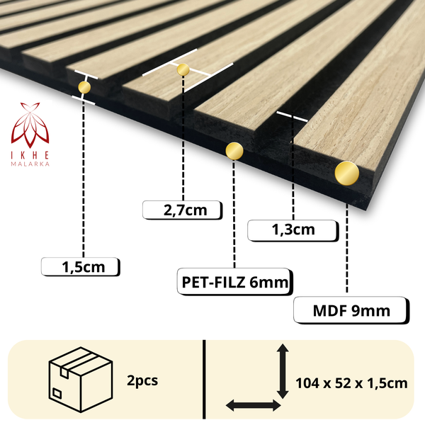 Akustikpaneele 3D Lamellen MDF mit Filz 1040x520x15mm – 2 Stück (1,08m²) | Schallabsorbierend & dekorativ | Holzoptik Wandverkleidung (11001D)