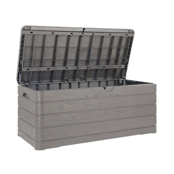 Geöffnete graue Gartenbox aus Kunststoff mit Holzoptik