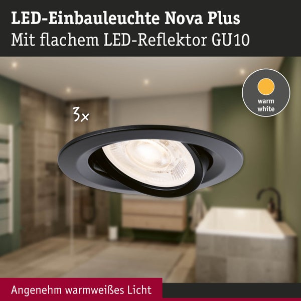 LED-Einbauleuchte Nova Plus 3er Set mit flachem LED-Reflektor GU10, warmweißes Licht, Anwendung im Badezimmer.
