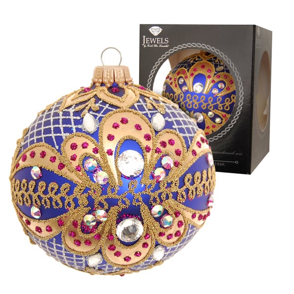 Glaskugel Glanz & Gloria, Royal Blau Satin, aufwendig dekoriert mit Strass, 8cm in Geschenkbox, 1 Stck., Weihnachtsbaumkugeln, Christbaumschmuck, Weihnachtsbaumanhänger