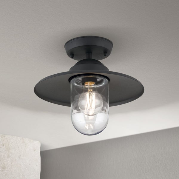 Deckenleuchte für den Außenbereich im Industrie-Stil aus schwarzem Metall mit klarem Glas und sichtbarem Leuchtmittel.