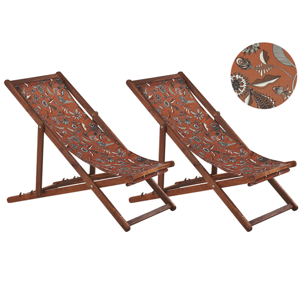 Set mit 2 klappbaren Liegestühlen ANZIO mit Ersatzstoffen Blumenmuster Akazienholz Dunkelbraun