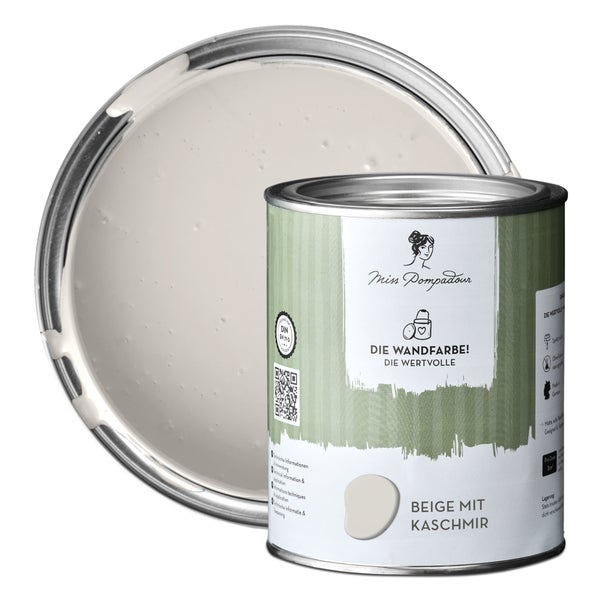 MissPompadour extramatte Wandfarbe 1L Beige mit Kaschmir - sehr hohe Deckkraft - geruchsneutrale, spritzfreie Farbe - atmungsaktive, wasserbasierte Innenfarbe/Deckenfarbe - Die Wertvolle