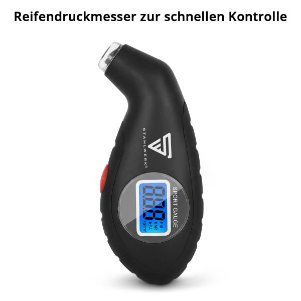 Digitaler Reifendruckmesser von Stahlwerk in Schwarz mit Digitalanzeige und Stahlwerk Logo.