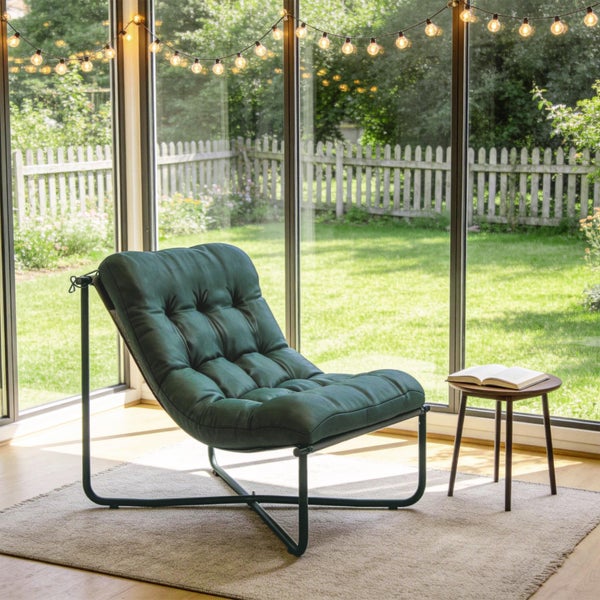 Moderner grüner Loungesessel mit Polsterung und Metallgestell in hellem Raum mit Gartenblick, Beistelltisch und Lichterkette.