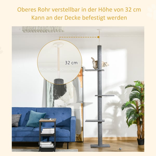 PawHut Kratzbaum Deckenhoch, 228-260 cm Höhenverstellbarer Katzenbaum Kletterbaum für Katzen mit 3 Ebenen, Katzenkratzbaum, Spielbaum vom Boden bis zur Decke Grau