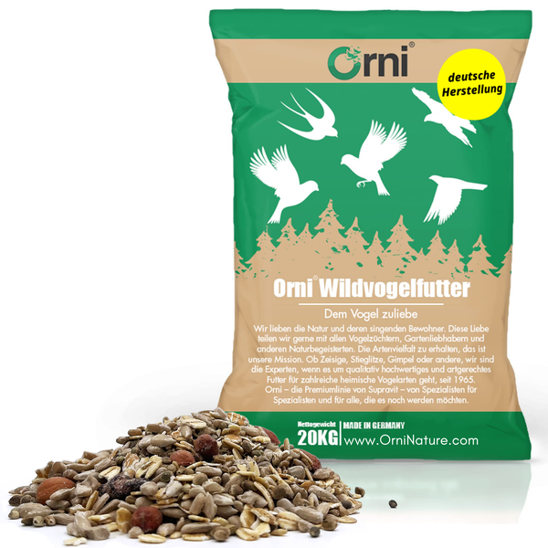 Premium Wildvogelfutter mit Gimpel, artgerecht und schalenlos, zur ganzjährigen Fütterung, hergestellt in Deutschland.