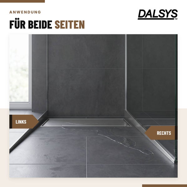 Dalsys Duschrinne in einer modernen Fliesenoptik Dusche mit beidseitiger Einbaumöglichkeit für links oder rechts.