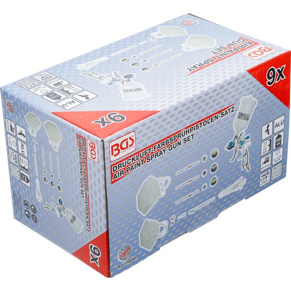 Verpackung eines Druckluft Farbsprühpistolen Satzes von BGS technic mit neun Teilen