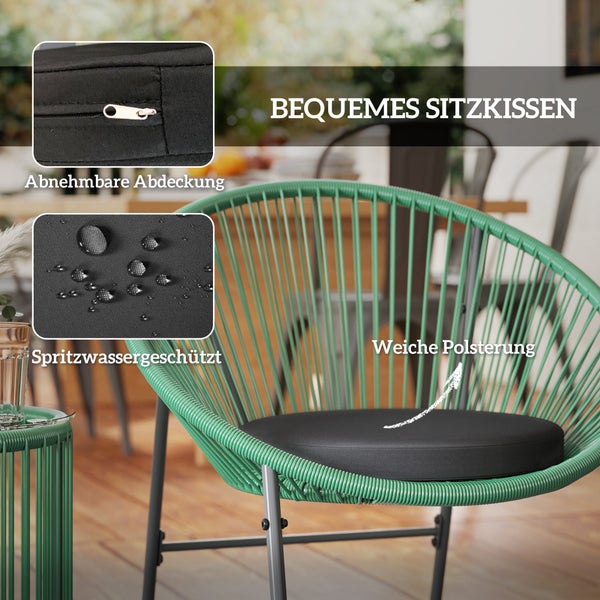 Outsunny Polyrattan Gartenmöbel Set, Outdoor Lounge Balkonmöbel für 2 Personen, 3-teilig Bistroset Sitzgruppe mit 2 Stühle, Beistelltisch, Kissen, wetterfest Gartenlounge für Garten, Balkon, Grün