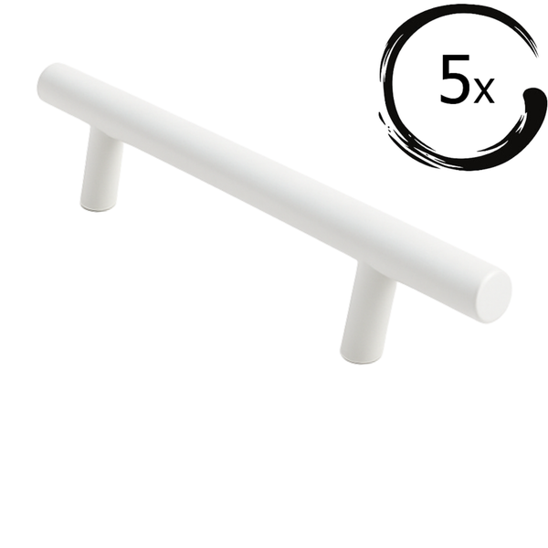 Fünf weiße Möbelgriffe