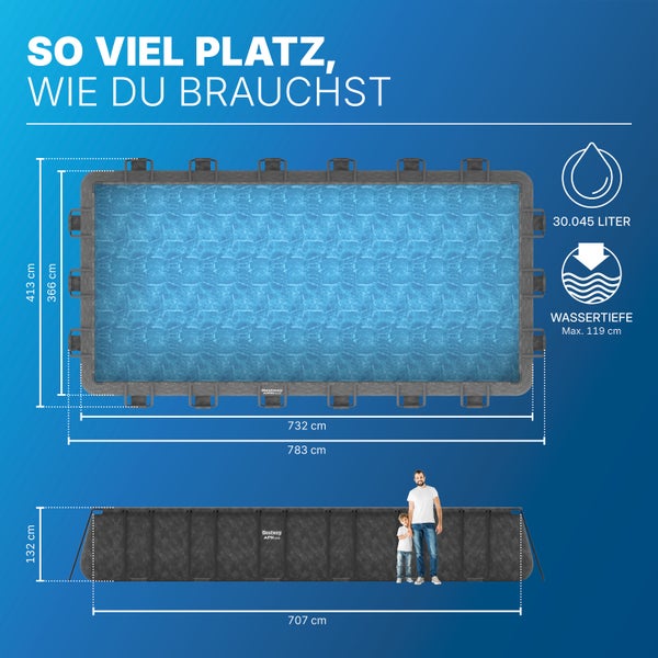 Bestway Aufstellpool, Maße 783 mal 413 mal 132 Zentimeter. Kapazität 30.045 Liter. Wassertiefe maximal 119 Zentimeter. Bestway Logo.