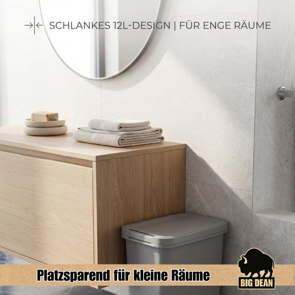 Schlanker 12 Liter Abfallbehälter in einem modernen Badezimmer, ideal als platzsparende Lösung für kleine Räume.