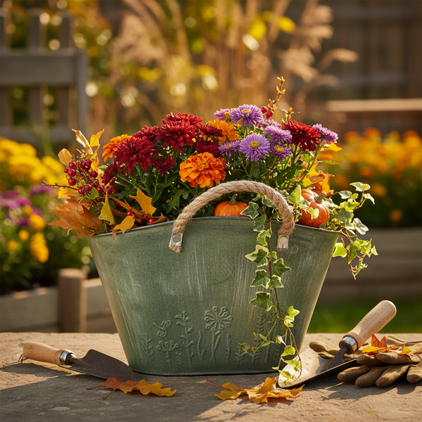 Hell beleuchteter herbstlich bepflanzter Metalltopf mit Blumen, Kürbissen und Efeu sowie Handschaufeln und Gartenhandschuhe auf Steinplatte.