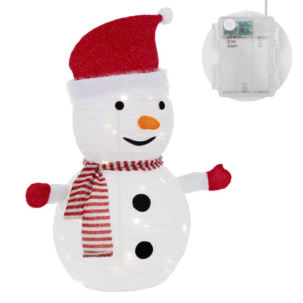 ECD Germany LED Weihnachten Schneemann mit Mütze, Schal & Handschuhe, 68cm hoch, Gartenfigur mit 30 warmweißen LED, Timer, batteriebetrieben, Innen-Außen, faltbar, Weihnachtsbeleuchtung Weihnachtsdeko