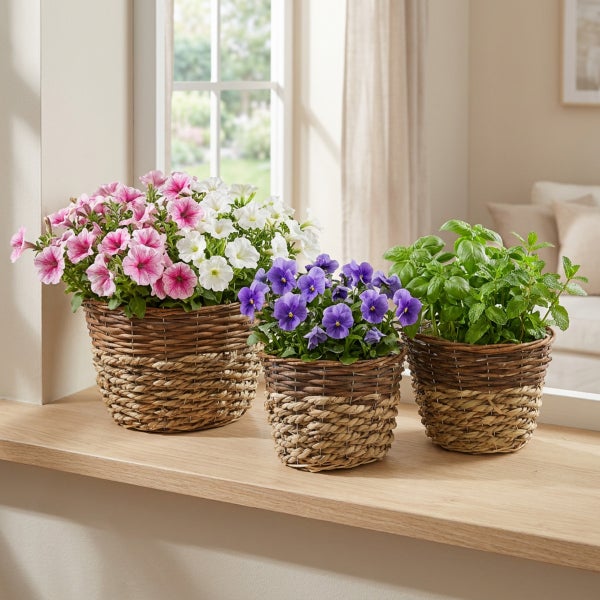 Drei bepflanzte Weidenkörbe mit Blumen und Kräutern auf einem hölzernen Fensterbrett in einem hellen Wohnraum.