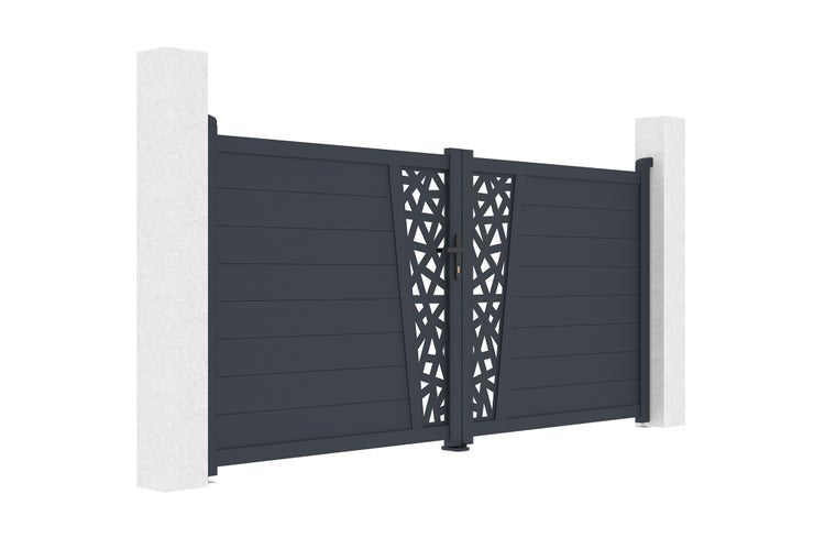 Zweiflügeliges Aluminium-Einfahrtstor in Anthrazit mit horizontalen Lamellen und mittigem Dekorelement mit geometrischem Muster.