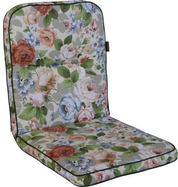 Hochlehner-Auflage mit floralem Muster aus Rosen und Blättern für Gartenstühle.