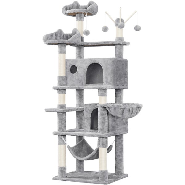 Katzenkratzbaum mit Liegemulden, Höhlen, Hängematte und Spielzeug