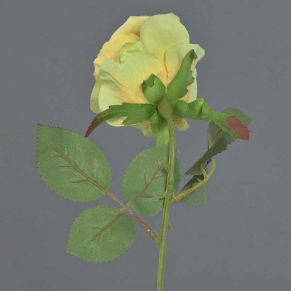 Künstliche Rose mit gelber Blüte, grünem Stiel und Blättern.