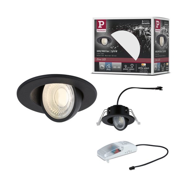 Paulmann Zina LED Einbaustrahler in Schwarz matt mit Verpackung und Zubehör. IP65 geschützt, 90 Grad schwenkbar, 680 oder 960 Lumen, Lichtfarbe wählbar.