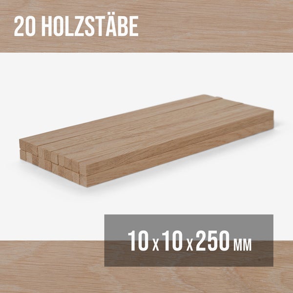 20 Holzstäbe mit den Maßen 10 x 10 x 250 Millimeter