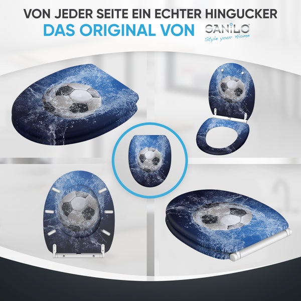 Sanilo WC Sitz mit Fußball Motiv und Wasser Effekt, verschiedene Ansichten von geschlossenem und offenem Toilettensitz.