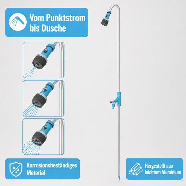 Gartendusche aus leichtem Aluminium mit verstellbarem Sprühkopf für verschiedene Strahlarten und korrosionsbeständiger Bauweise.