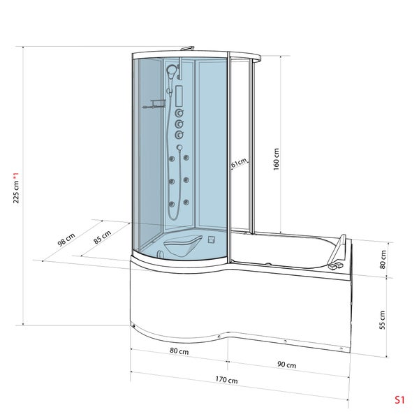 Maßzeichnung einer Dusch-Badewannen-Kombination. Höhe 225 Zentimeter, Breite 170 Zentimeter, Tiefe 98 Zentimeter. Mit Massagedüsen und Sitz.