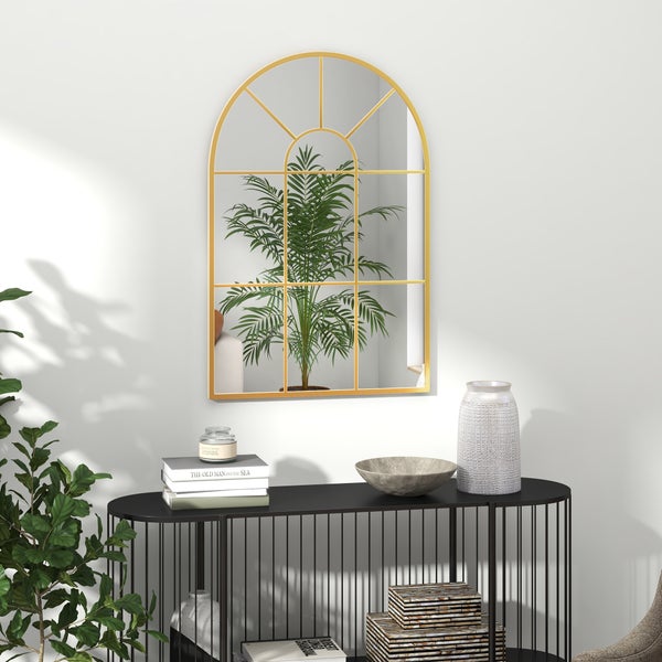 HOMCOM Wandspiegel Fensterspiegel 91 x 60 cm Dekorativ Spiegel mit Metallrahmen Hängespiegel für Wohnzimmer, Schlafzimmer, Gold