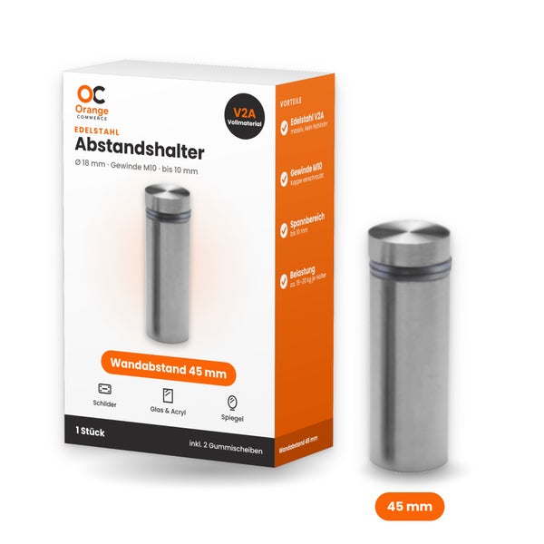 Edelstahl Wandabstandshalter 18 mm Durchmesser für Schilder und Glasplatten inklusive Gummischeiben von Orange Commerce