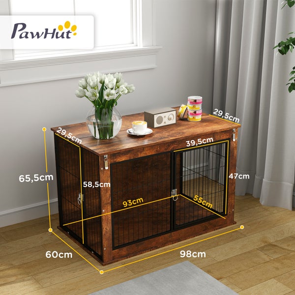 PawHut Hundekäfig Möbel, Hundebox für Zuhause, Beistelltisch für große Hunde unter 30 kg, Hundehaus mit 2 verschließbaren Türen, Stahl, 98 x 60 x 65,5 cm, Rustikales Braun