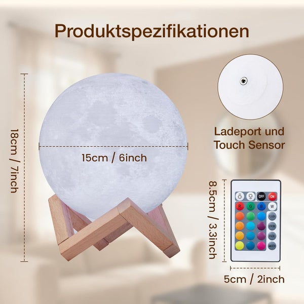 Produktspezifikationen einer Mondlampe mit Ladeanschluss, Touchsensor und Fernbedienung zur Steuerung der Farbe und Helligkeit.