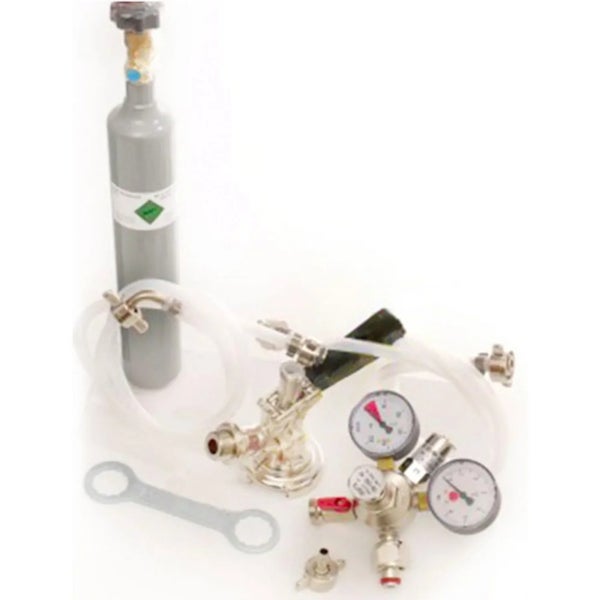 Bier-Zapfanlagen-Zubehörset mit Kohlensäure-Flasche, Druckminderer, Zapfkopf, Schläuchen und Montageschlüssel.