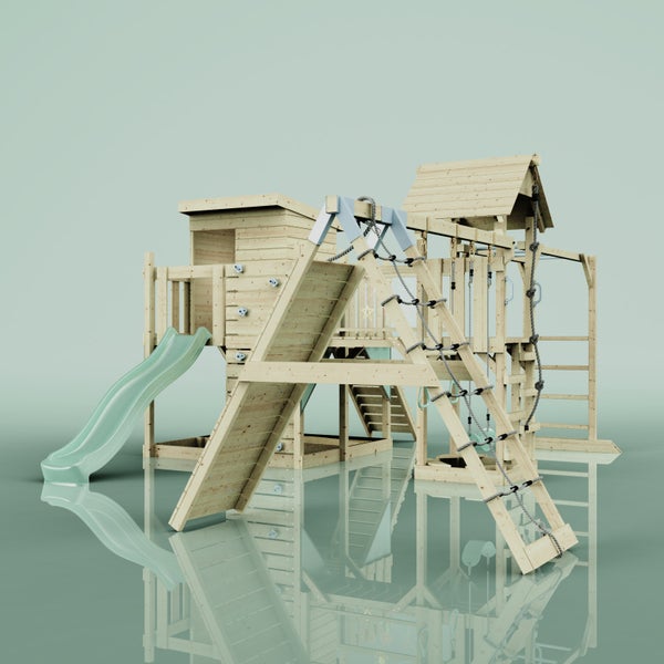 Holzspielturm mit Rutsche, Kletterwand und Seilleiter für Kinder