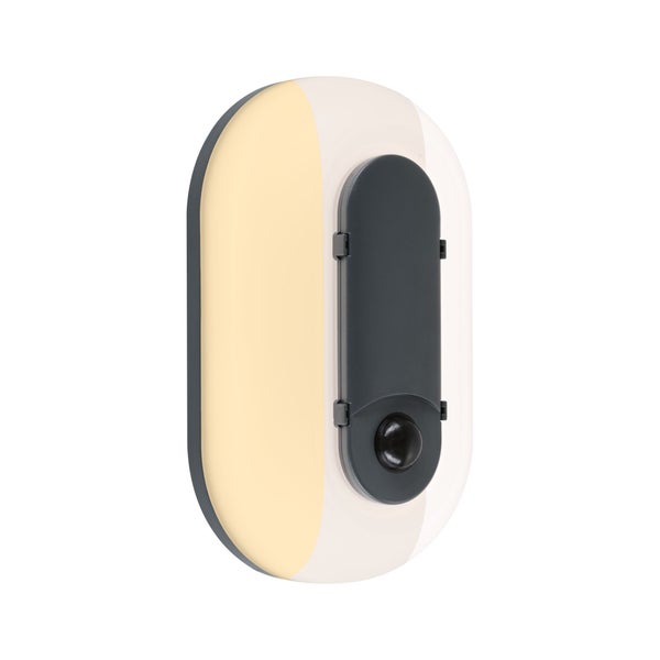 Oval-förmige LED-Außenwandleuchte mit integriertem Bewegungsmelder, halbseitig beleuchtet.