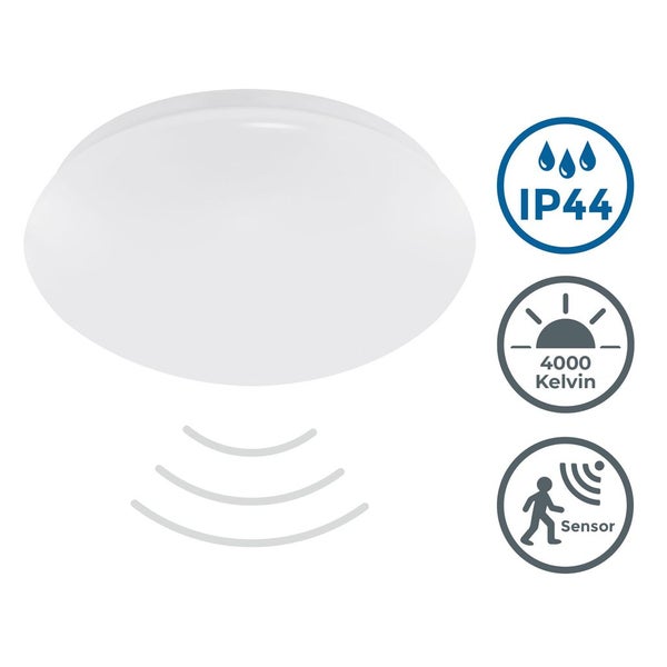 Runde LED-Deckenleuchte mit Bewegungssensor, spritzwassergeschützt nach IP44 und neutralweißer Lichtfarbe von 4000 Kelvin.