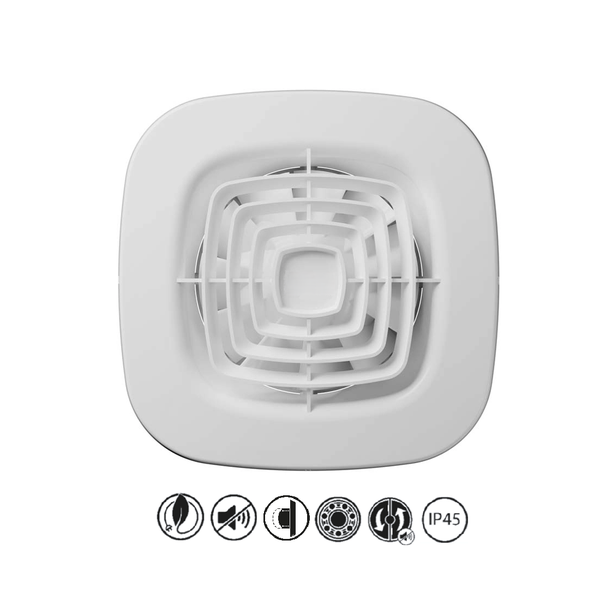 Weißer Badventilator mit quadratischem Gehäuse und Gitterschutz, inklusive Symbolen für Energieeffizienz, leisen Betrieb und Schutzart IP45.