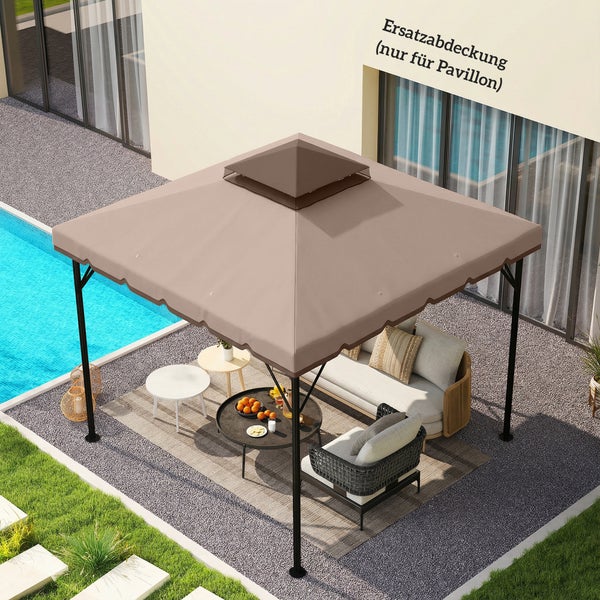 Ersatzabdeckung für einen quadratischen Pavillon auf einer Terrasse neben einem Pool, ausgestattet mit Gartenmöbeln und einem Teppich.