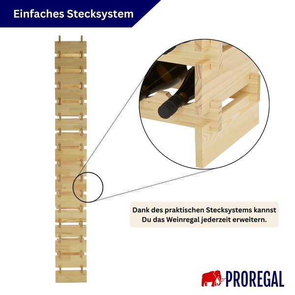 Modulares Weinregal aus Holz von Proregal mit einfachem Stecksystem, flexibel erweiterbar, Detailansicht mit Weinflaschen.