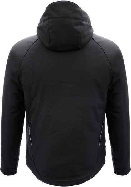 Rückansicht einer schwarzen Kapuzenjacke mit Raglanärmeln und reflektierenden Details.