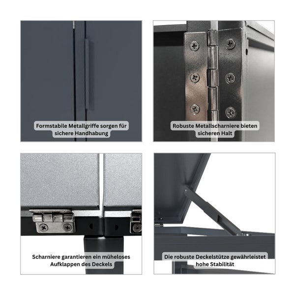 Detailansichten von Metallgriffen, Scharnieren und einer Deckelstütze einer Metallbox zur Veranschaulichung der stabilen Konstruktion und Handhabung.