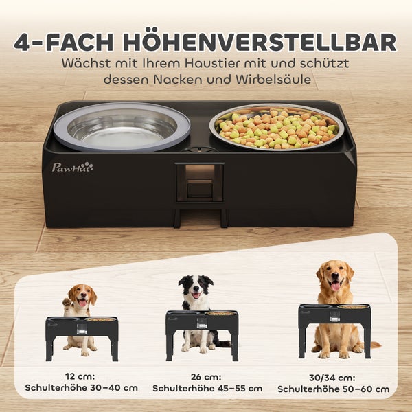 Höhenverstellbare PawHut Hundebar mit zwei Edelstahlnäpfen in vier Stufen von 12 bis 34 Zentimeter.